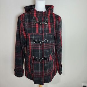 St Michael Tartan‎ Wool Blend Duffle Coat Womens Medium Buffalo Plaid Jacket Y2K